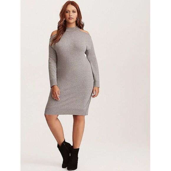 Torrid Grey High Neck Cold Shoulder Knit Sweater Dress NWT Size 1X Flawed - Picture 1 of 16